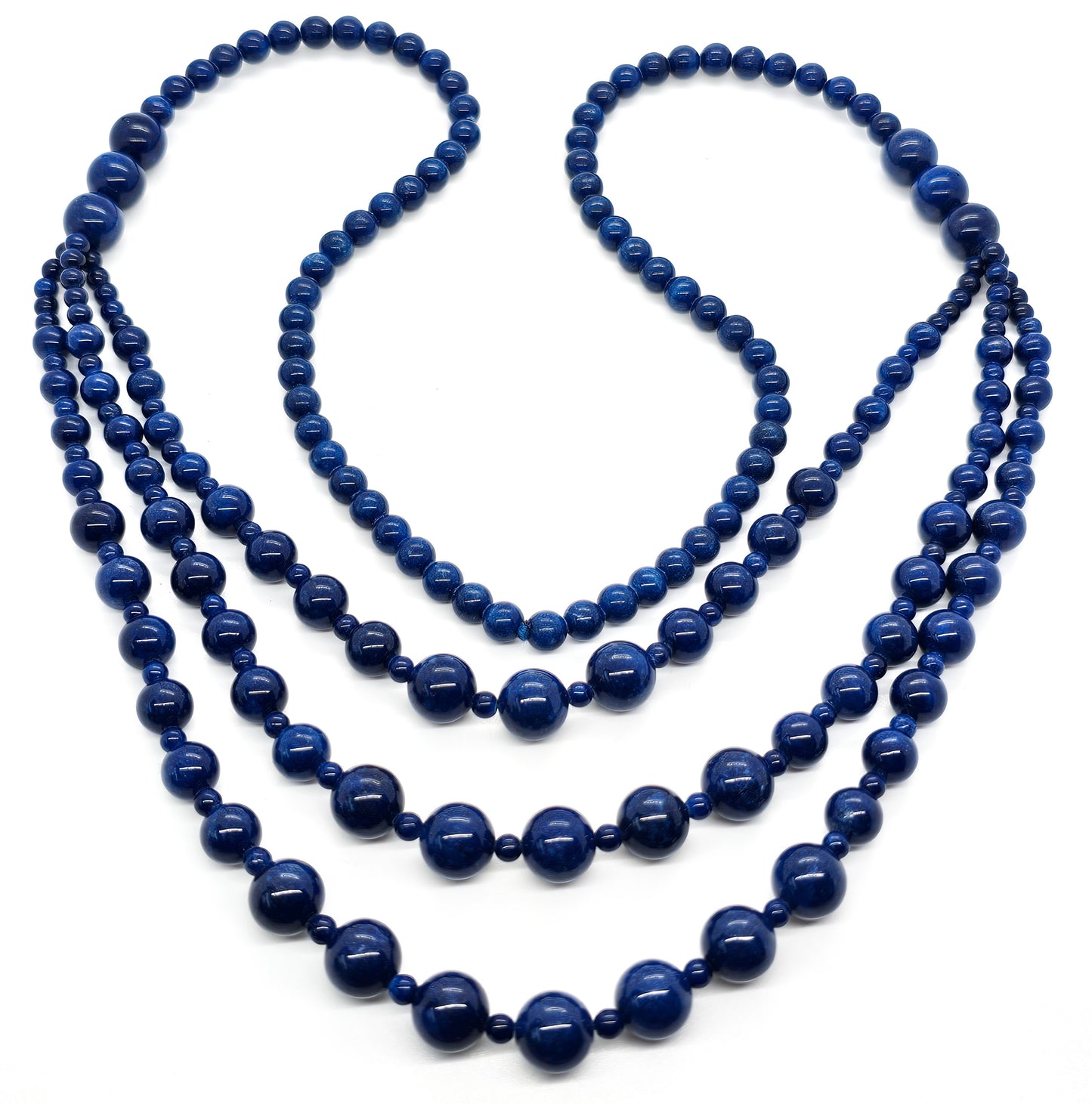 Deep Blue Sodalite triple strand vintage beaded gemstone graduated necklace