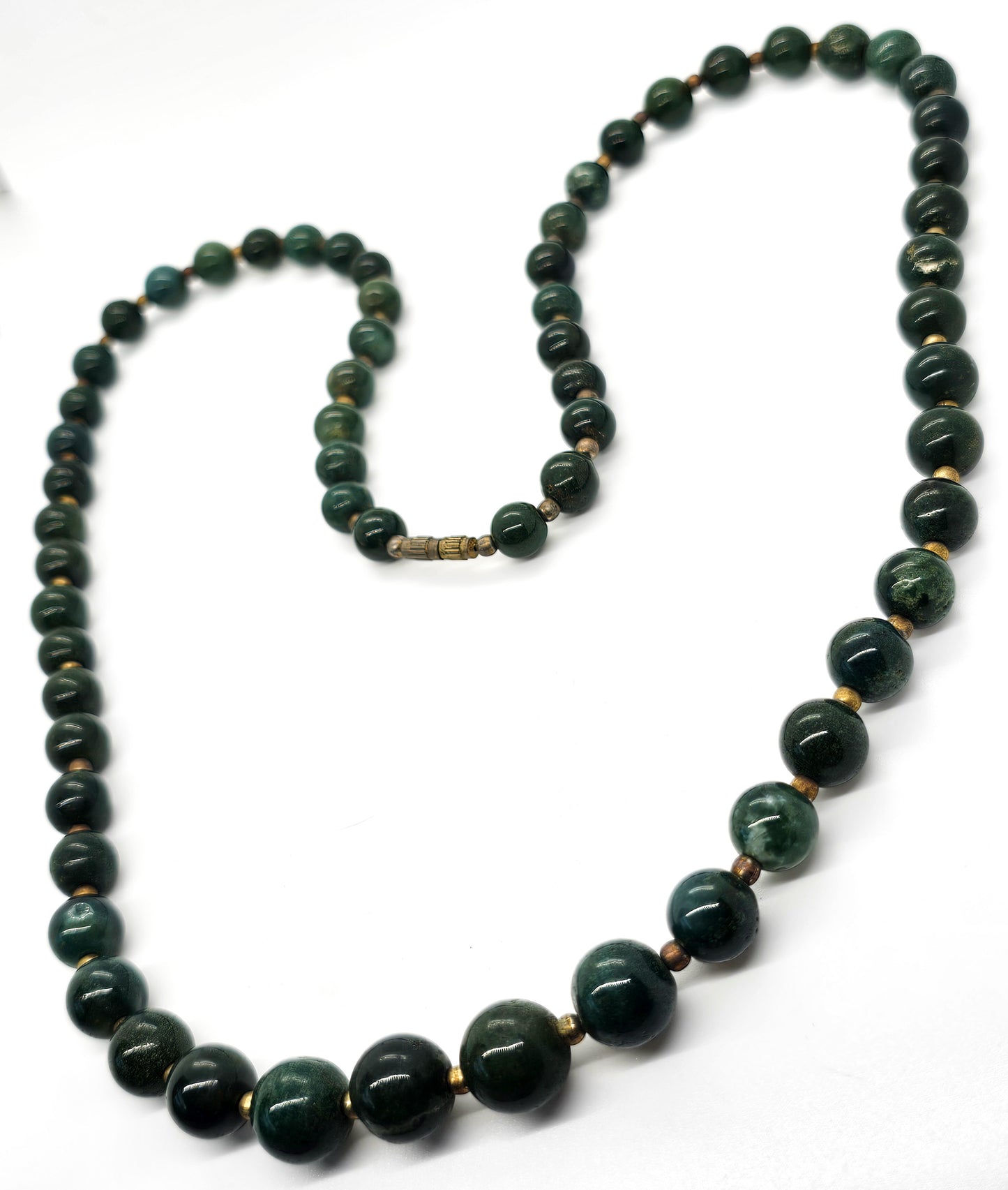 Moss Agate Deep Green graduated long 30" inch vintage beaded necklace