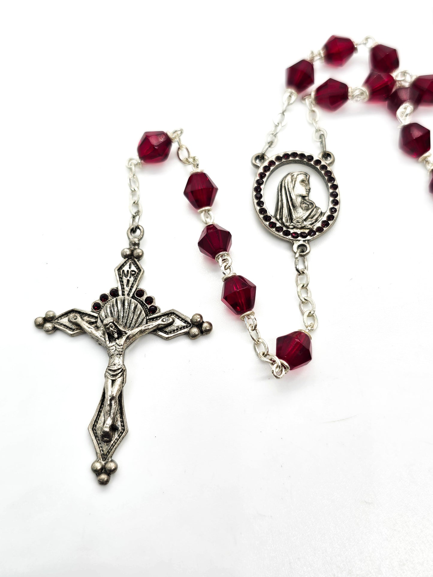 Rosary Red Rhinestone glass bicone crystal beaded vintage Crucifix Catholic prayer