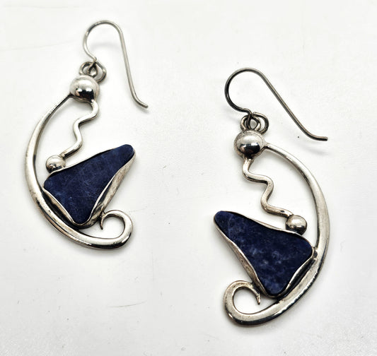 Abstract Modernist Blue Sodalite gemstone handcrafted vintage sterling silver drop earrings