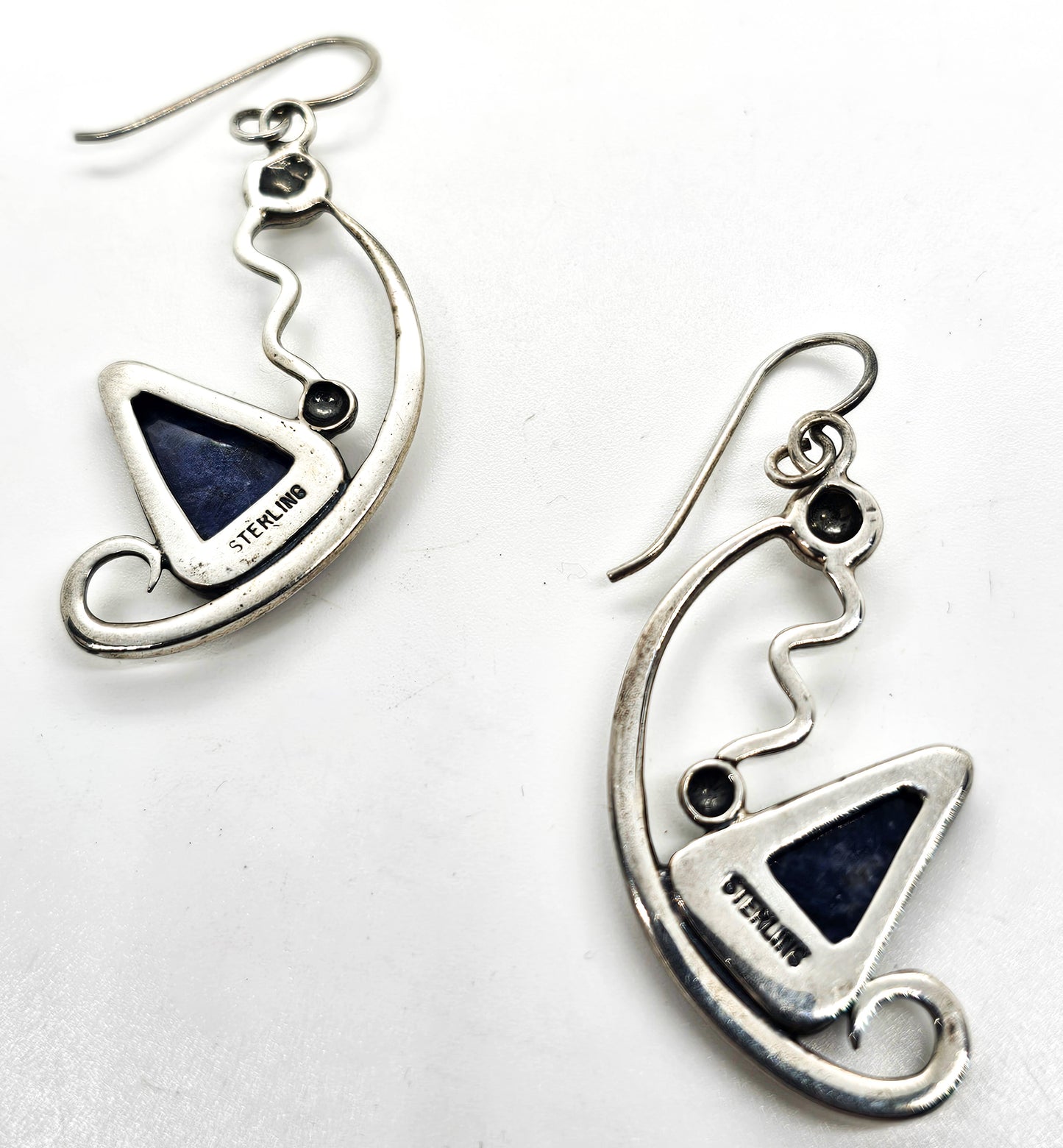 Abstract Modernist Blue Sodalite gemstone handcrafted vintage sterling silver drop earrings