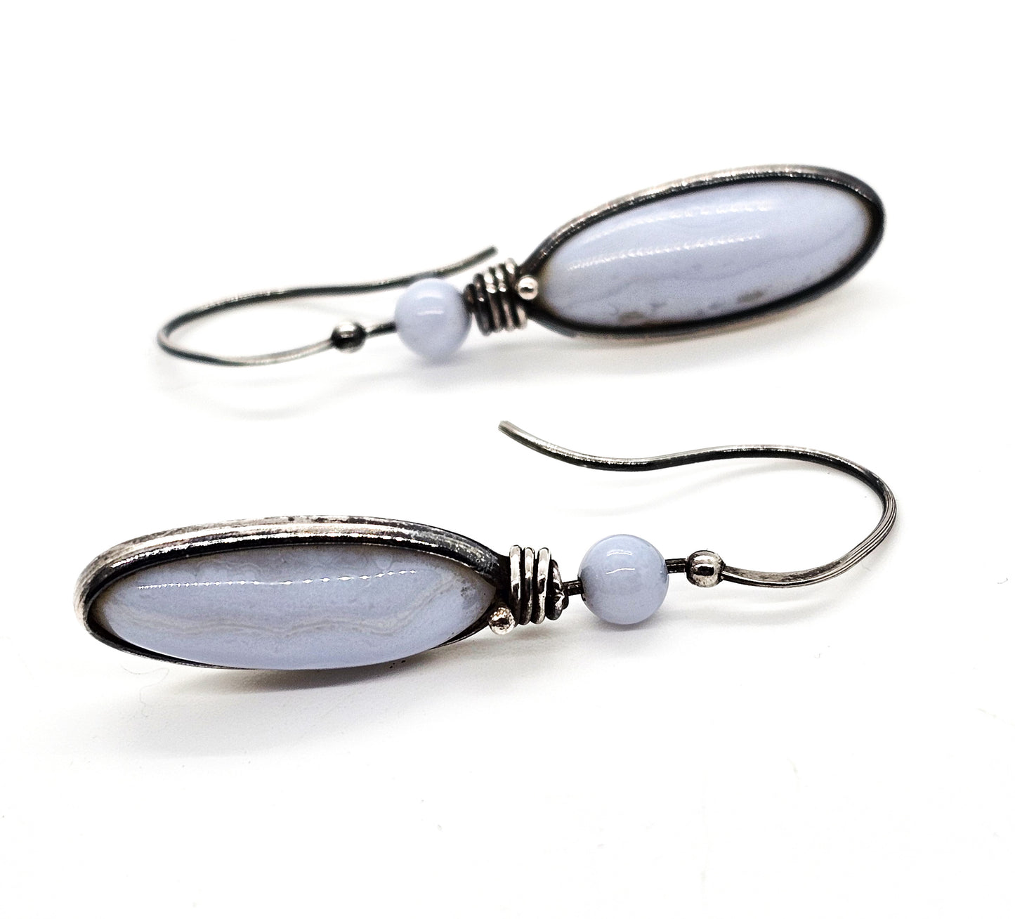 Blue Lace Agate drop wrapped blue gemstone sterling silver drop vintage earrings