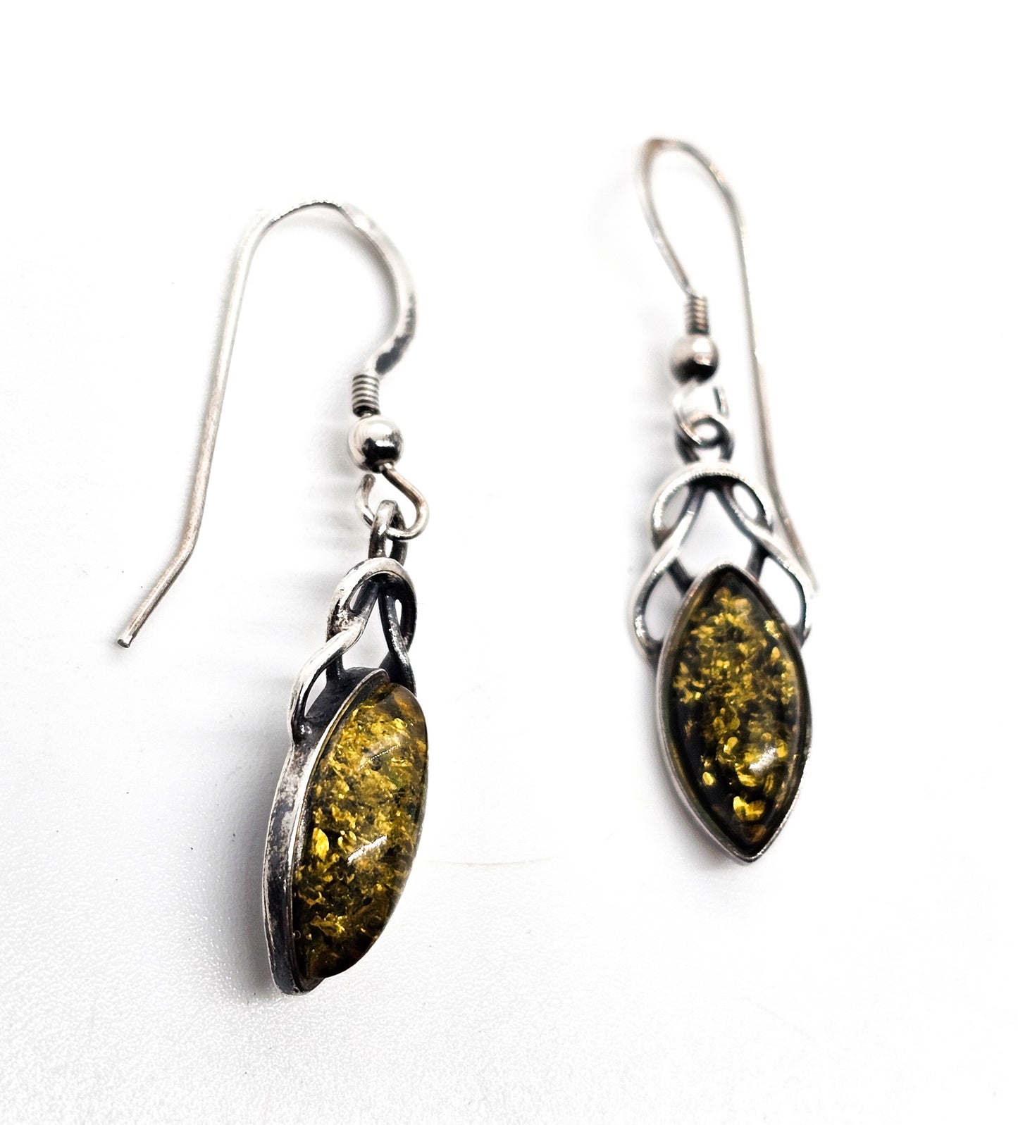 Green amber Celtic knot marquis cut compressed amber sterling silver earrings