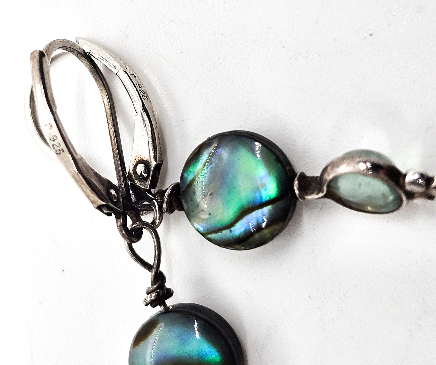 Abalone Paua shell and quartz gemstone sterling silver long drop vintage earrings