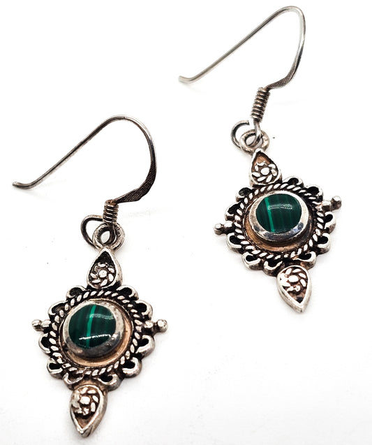 Malachite Southwestern tribal drop vintage sterling silver green gemstone earrings