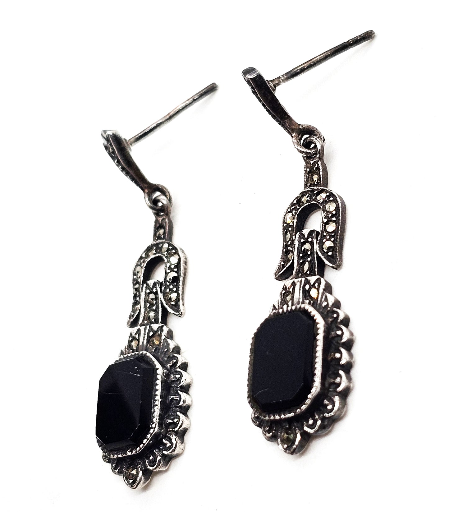 Art Deco Black Onyx and Marcasite vintage drop sterling silver earrings
