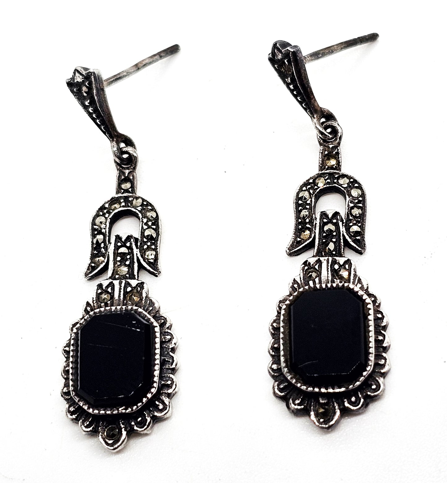 Art Deco Black Onyx and Marcasite vintage drop sterling silver earrings