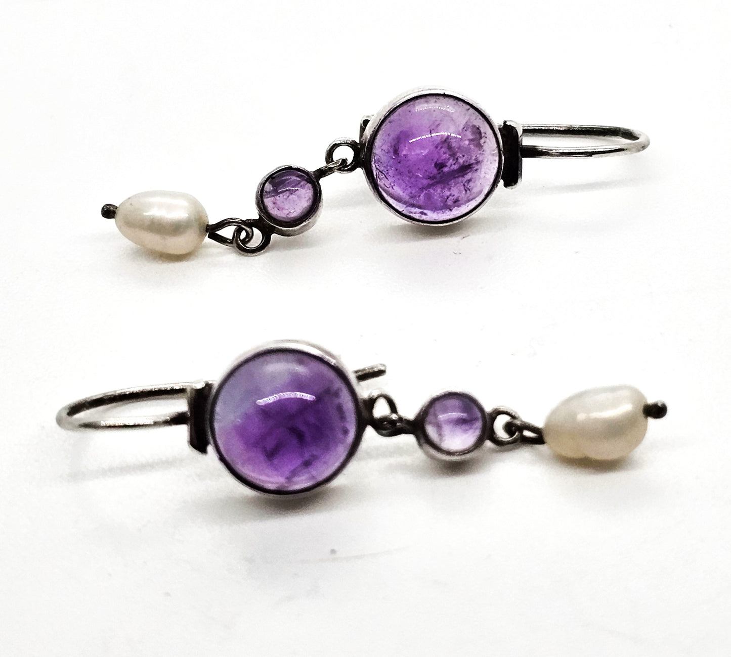 Amethyst and pearl open work articulated purple gemstone sterling silver vintage earrings