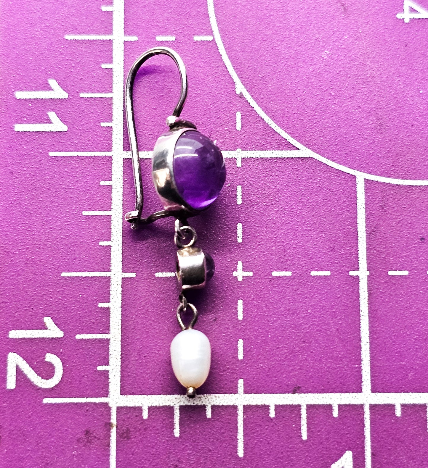 Amethyst and pearl open work articulated purple gemstone sterling silver vintage earrings