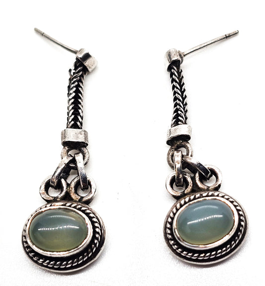 Chalcedony green gemstone vintage drop chain Bali style drop sterling silver earrings