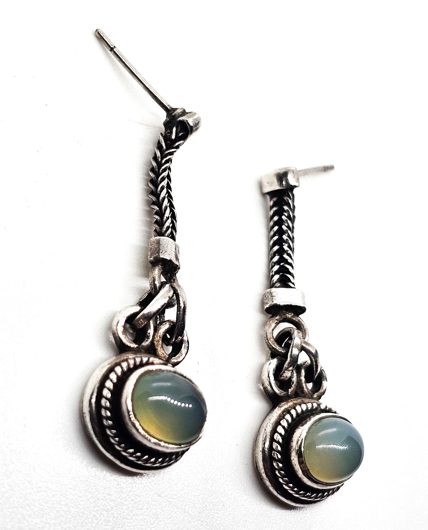Chalcedony green gemstone vintage drop chain Bali style drop sterling silver earrings