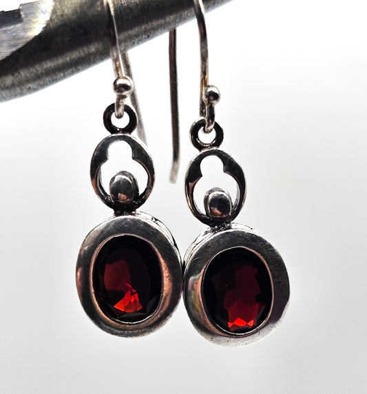 Faceted Garnet red gemstone tribal Bali pebble sterling silver drop earrings
