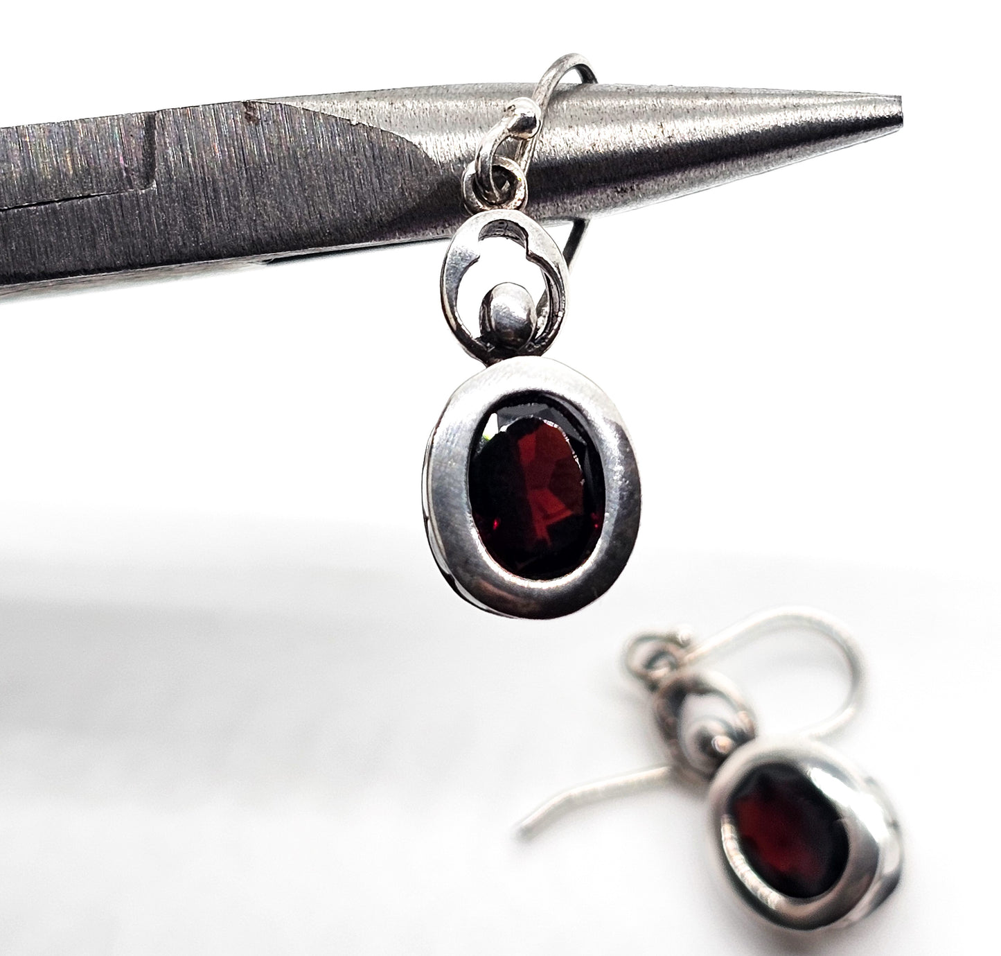 Faceted Garnet red gemstone tribal Bali pebble sterling silver drop earrings