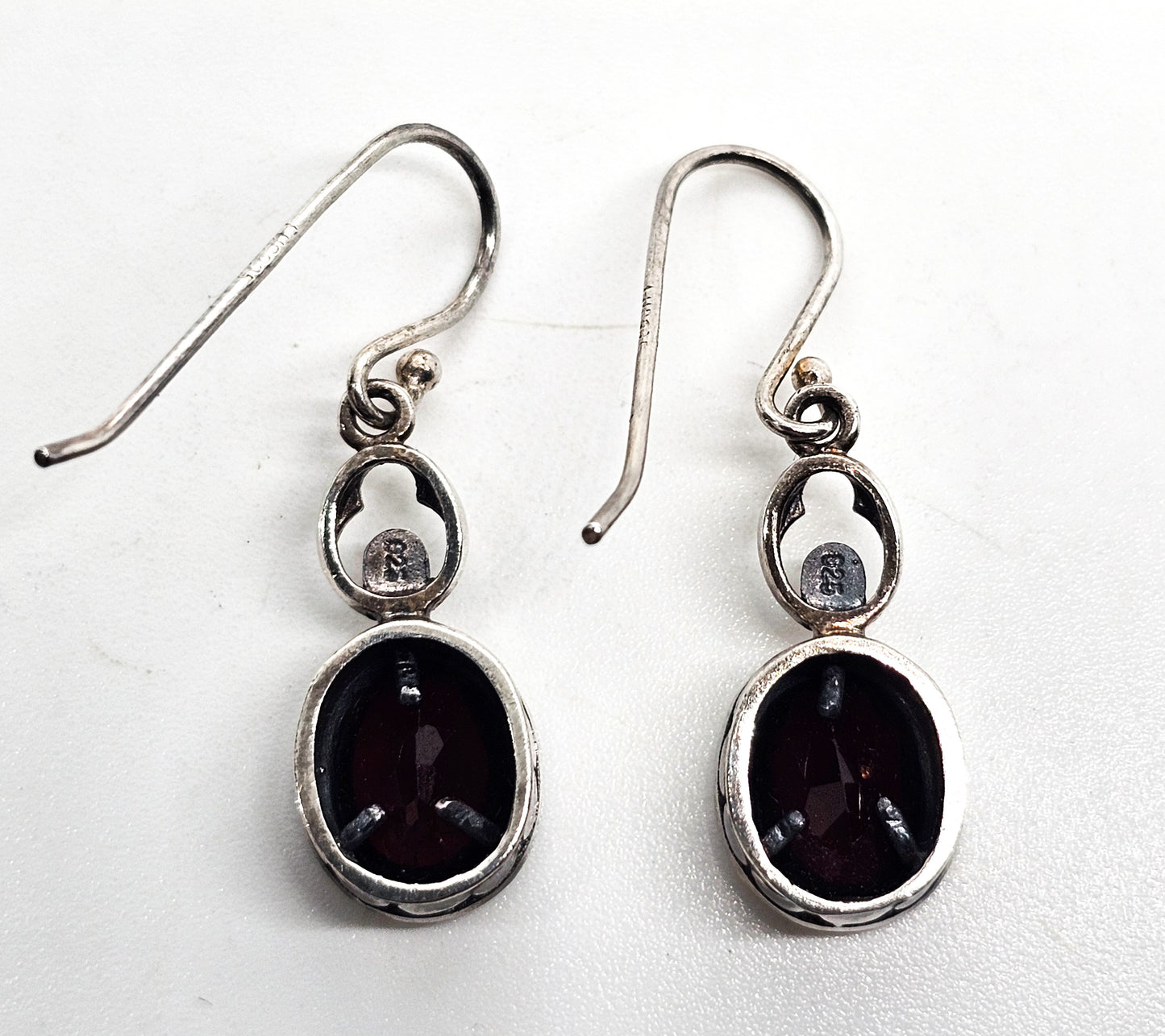 Faceted Garnet red gemstone tribal Bali pebble sterling silver drop earrings