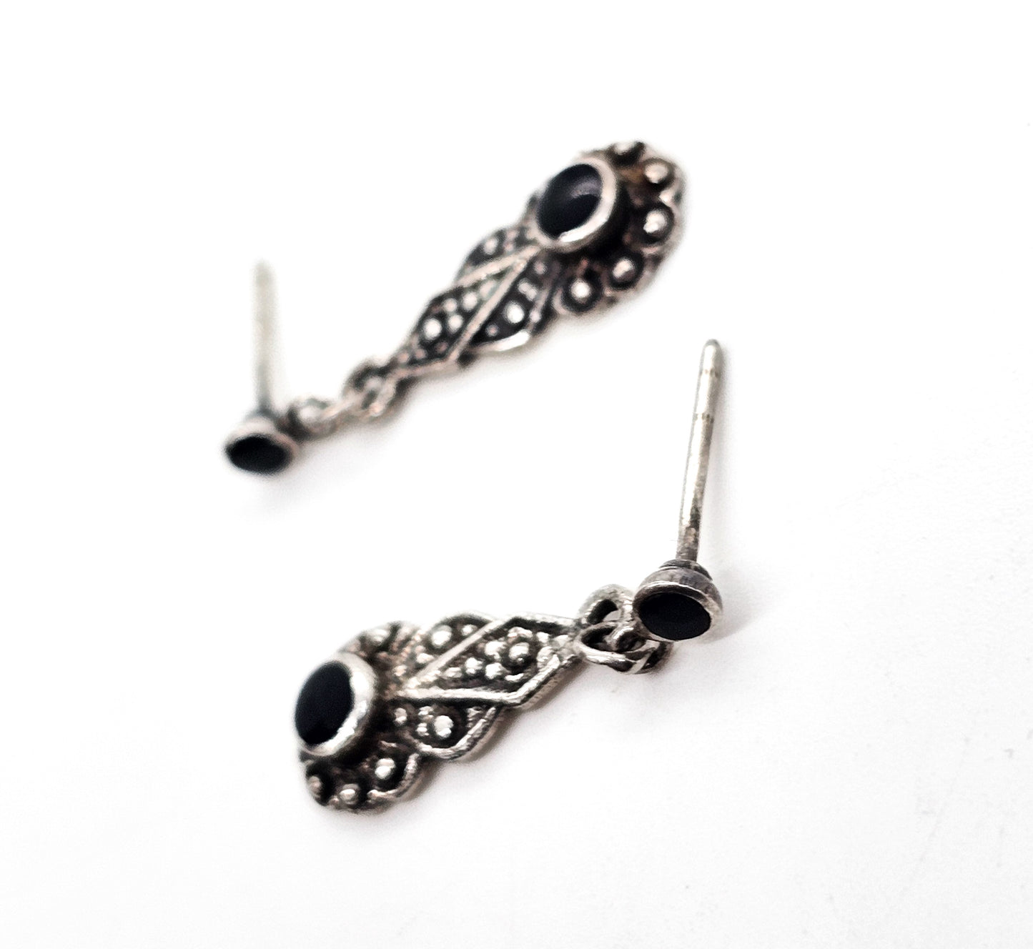 Art Deco Style black onyx inlay flower drop vintage sterling silver dangle earrings