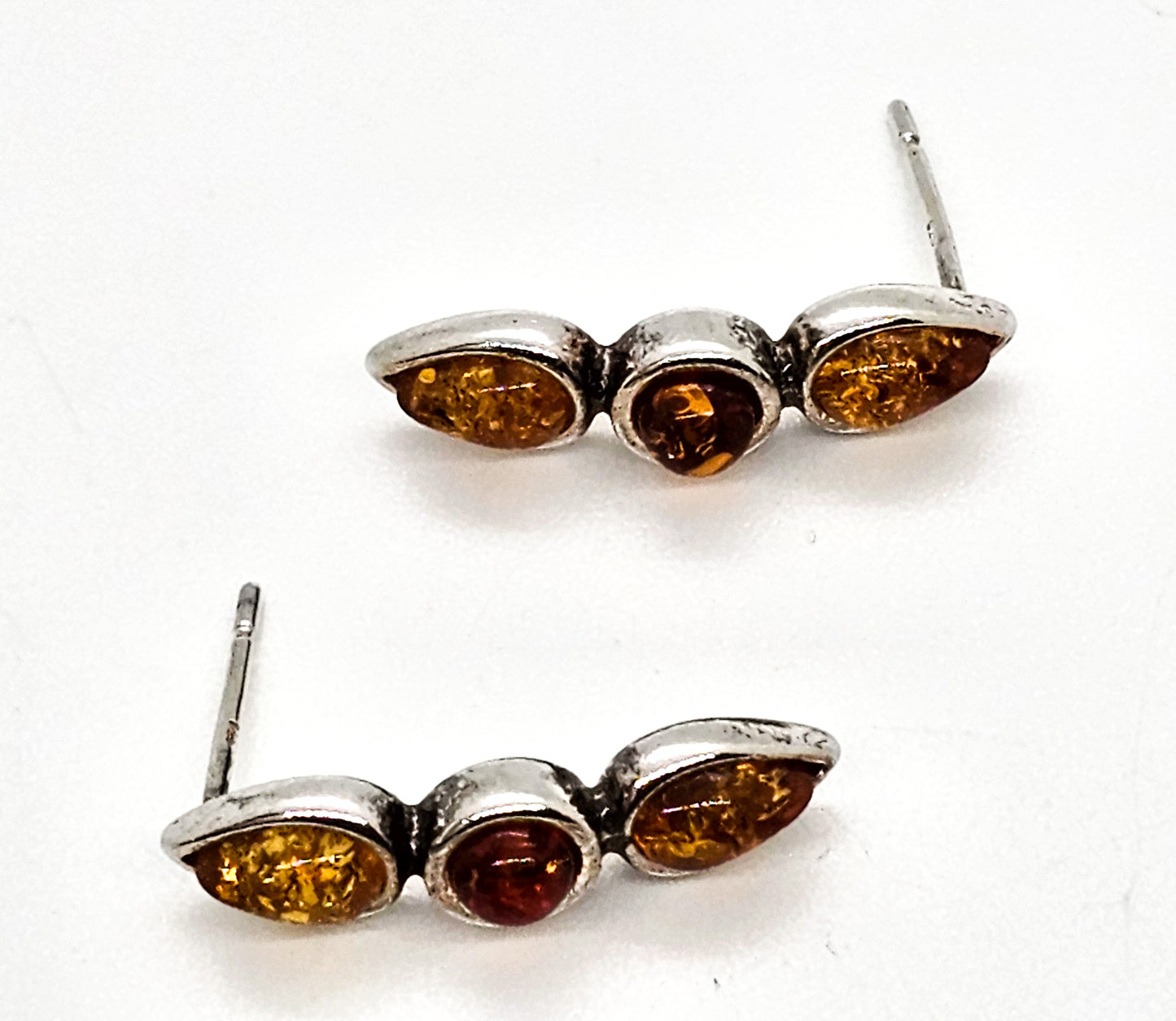 Amber three stone semi hoop sterling silver compressed amber earrings