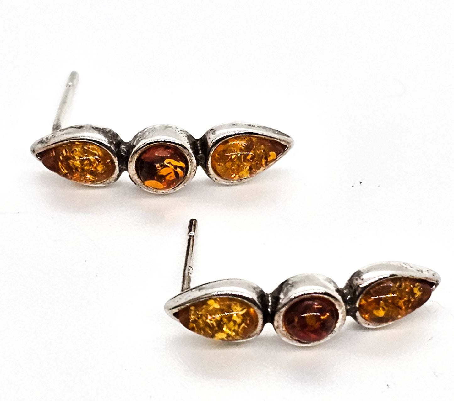 Amber three stone semi hoop sterling silver compressed amber earrings