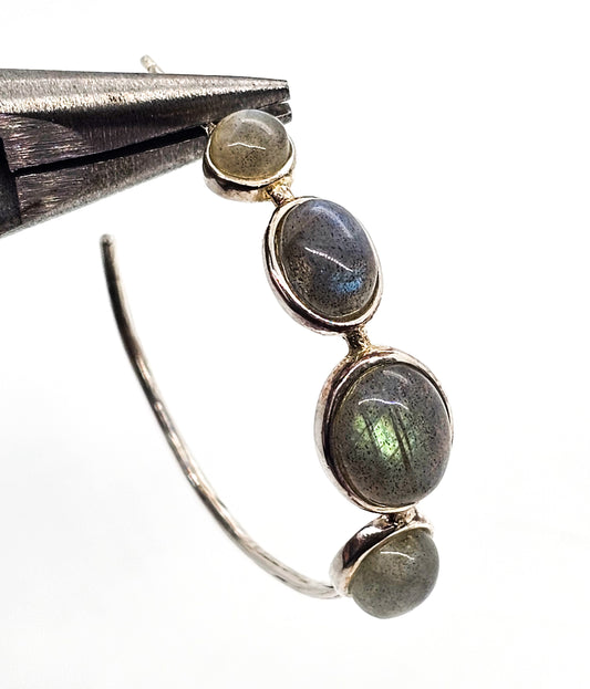 Labradorite Four Stone Graduated bezel set sterling silver hoop earrings