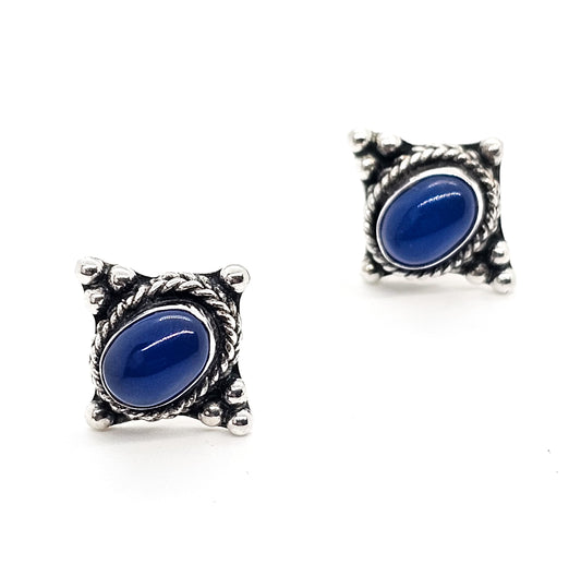 Blue glass tribal Bali Balinese style vintage sterling silver stud earrings