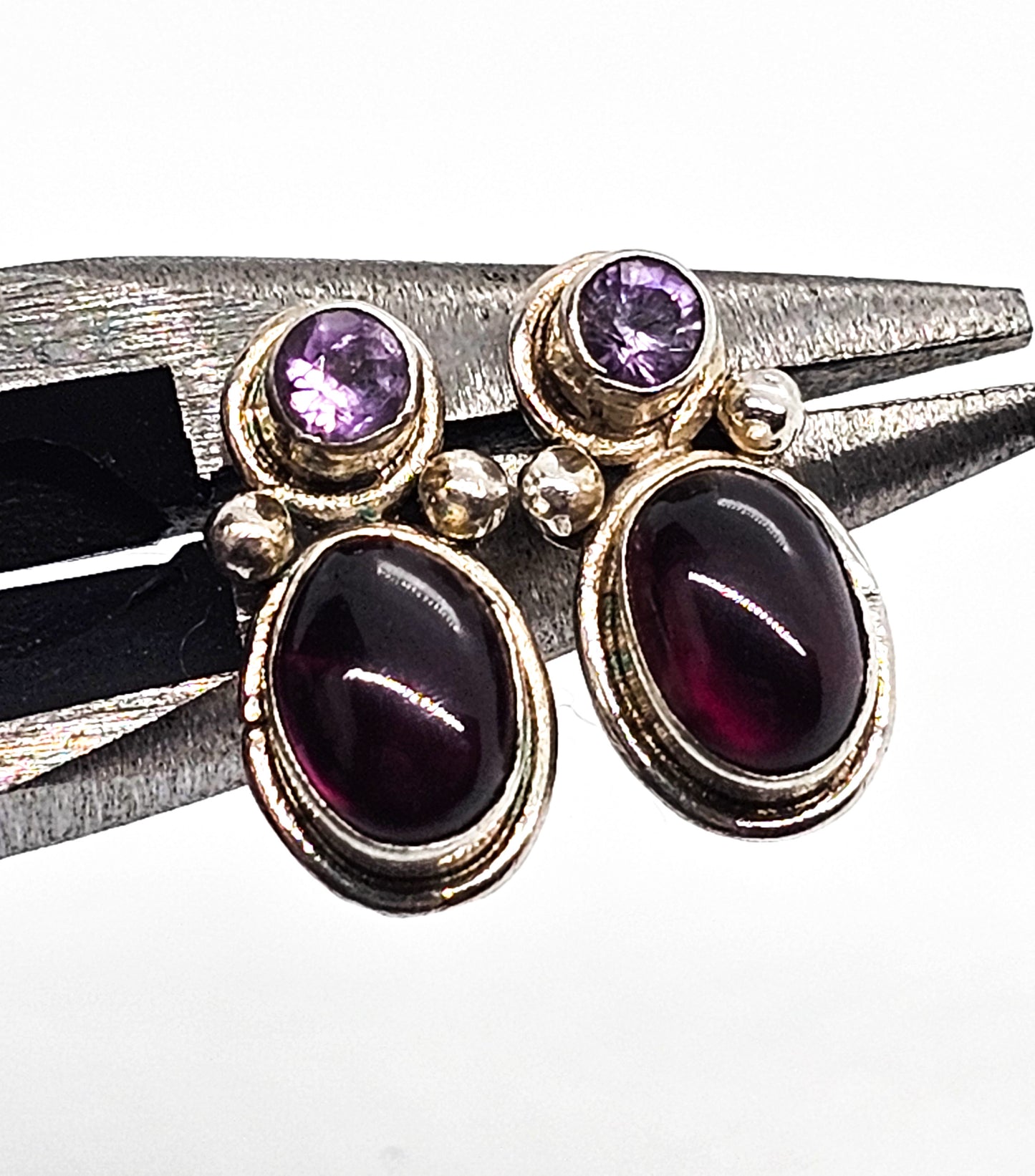 Amethyst and red garnet gemstone sterling silver stud earrings