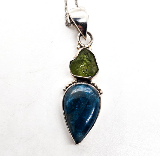 Raw Peridot and Apatite blue and green gemstone sterling silver pendant necklace