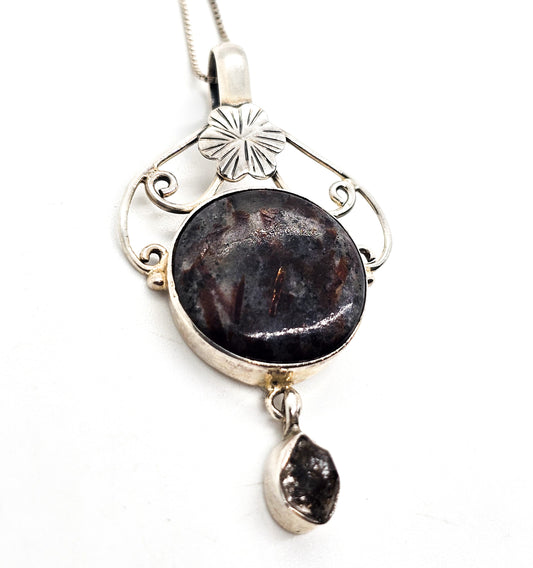 Rutilated Rubellite red tourmaline and Herkimer diamond sterling silver pendant necklace