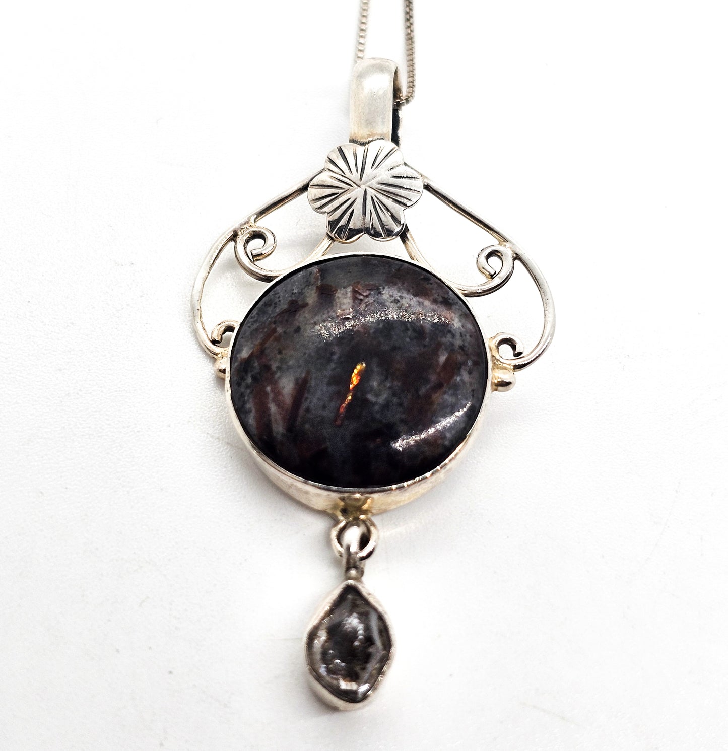 Rutilated Rubellite red tourmaline and Herkimer diamond sterling silver pendant necklace