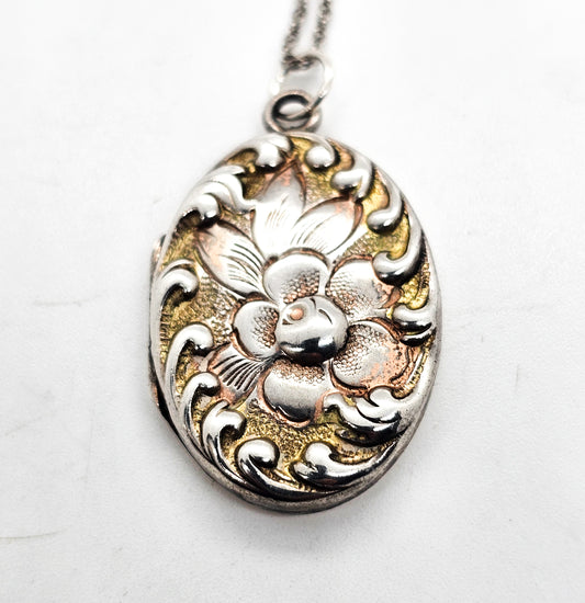 Bliss Brothers Co blooming flower gold over sterling silver antique locket necklace w/photos