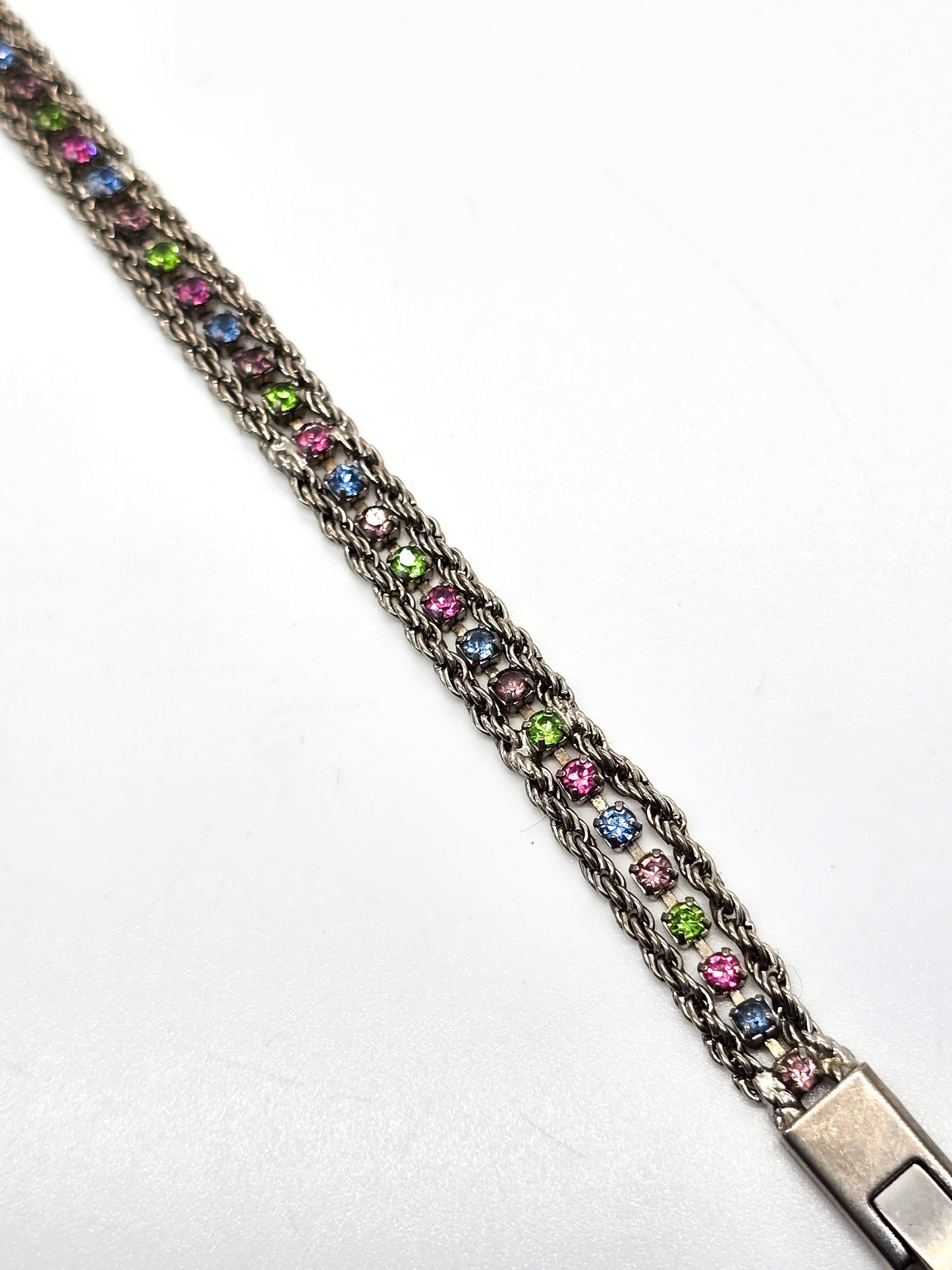 Rainbow Fruit Salad Vintage silver rhinestone thin tennis bracelet 7 inches