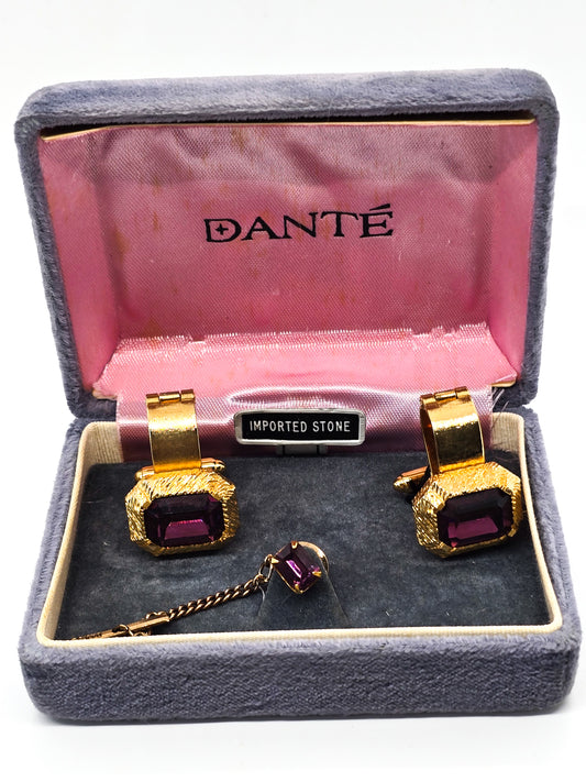 Dante Purple and gold toned vintage cufflinks and tie tack set in original box