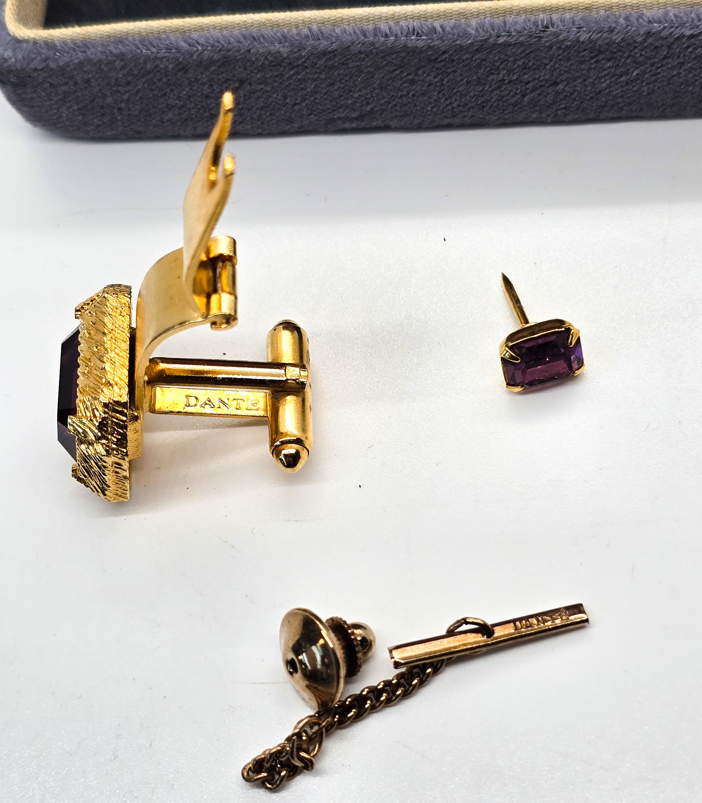 Dante Purple and gold toned vintage cufflinks and tie tack set in original box