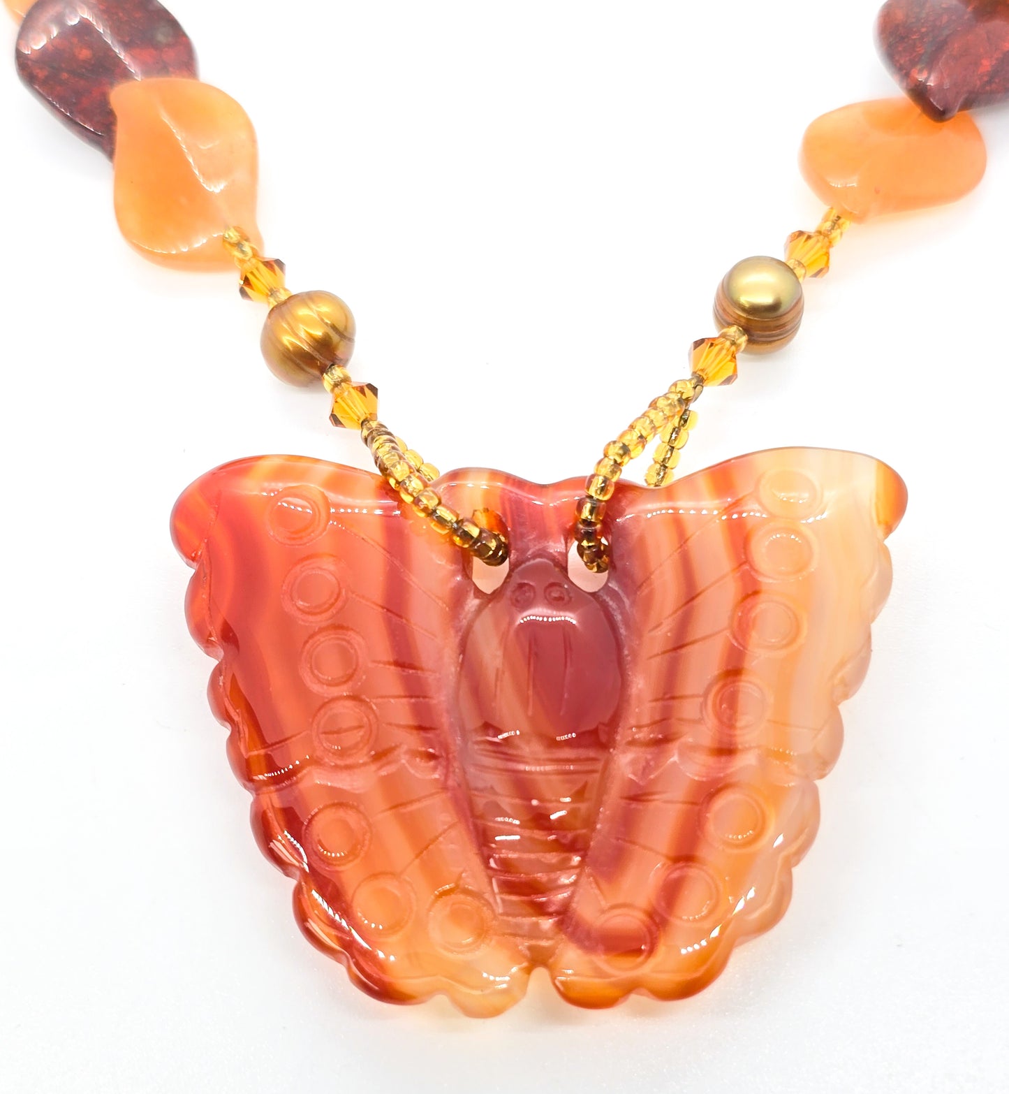 Banded Carnelian Butterfly beaded gemstone and pearl toggle clasp necklace