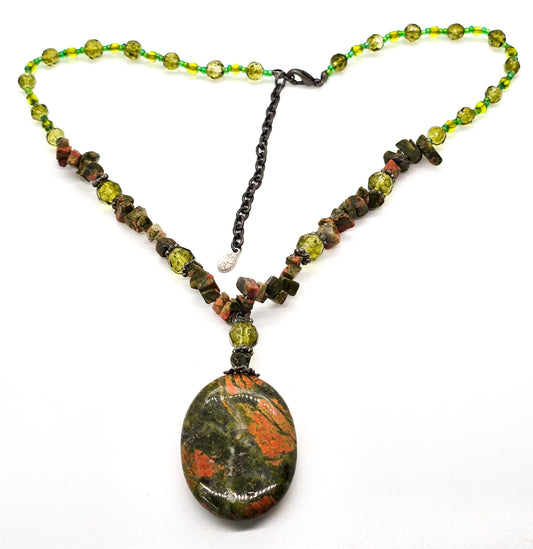 Unakite large pendant chip necklace with green peridot gemstone accents