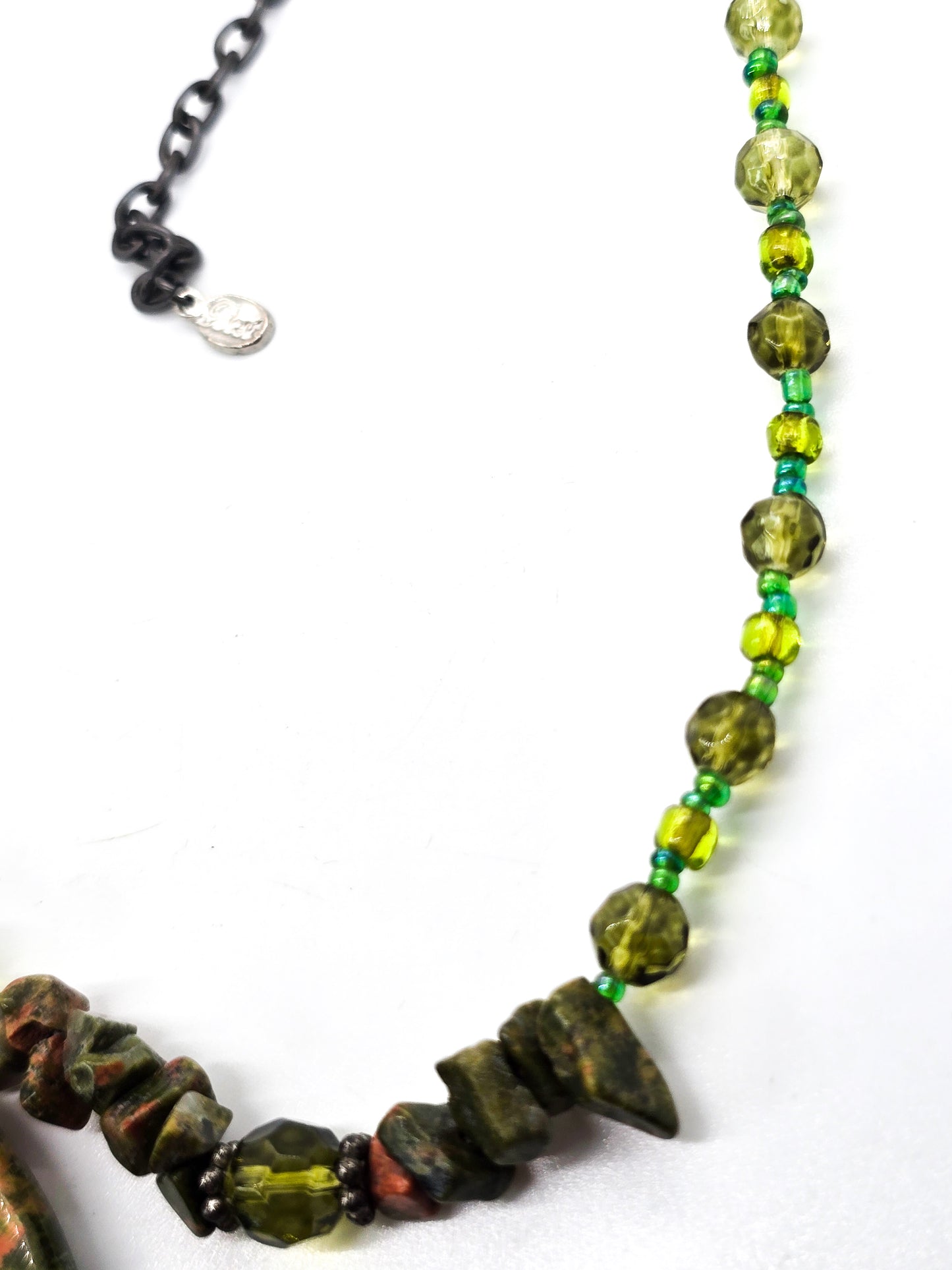 Unakite large pendant chip necklace with green peridot gemstone accents