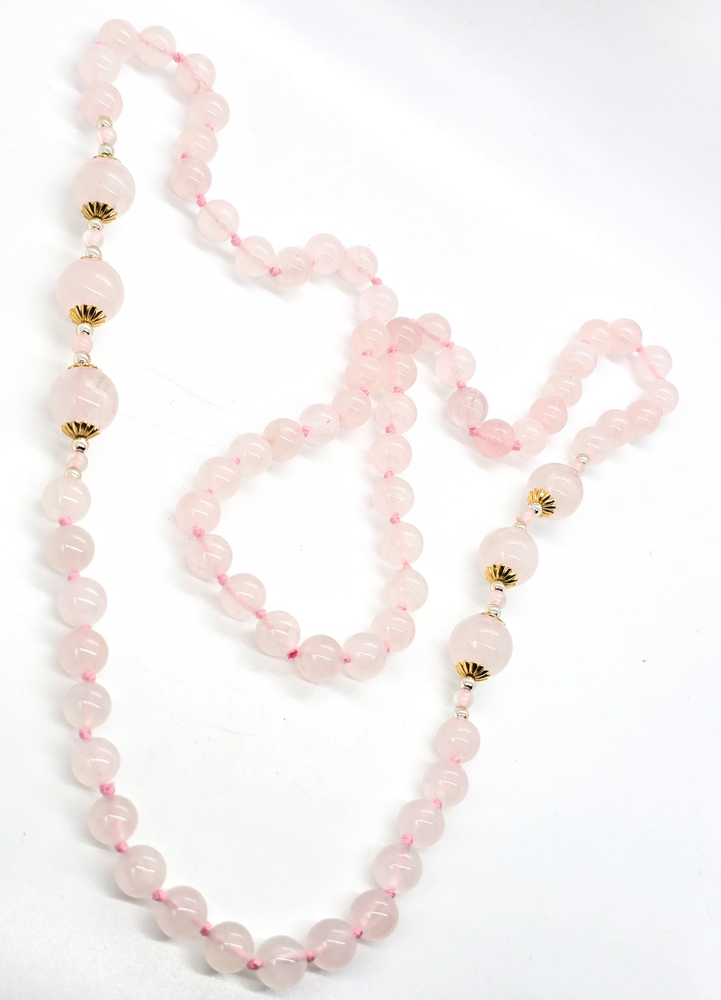 Rose Quartz pink gemstone silk knotted beaded 32 inch necklace