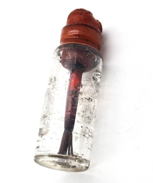 Vintage liquid black eye liner glass jar with stuck original rubber top and brush