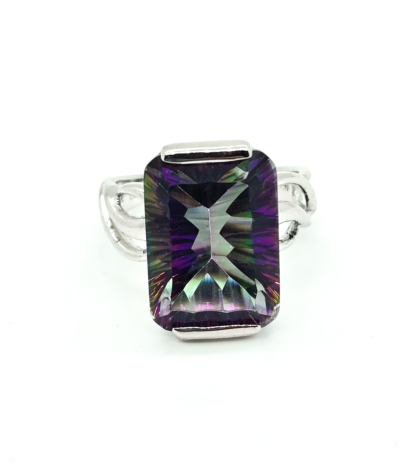 Mystic topaz Large 13ct Heart setting rhodium over sterling silver ring LUC size 10.5