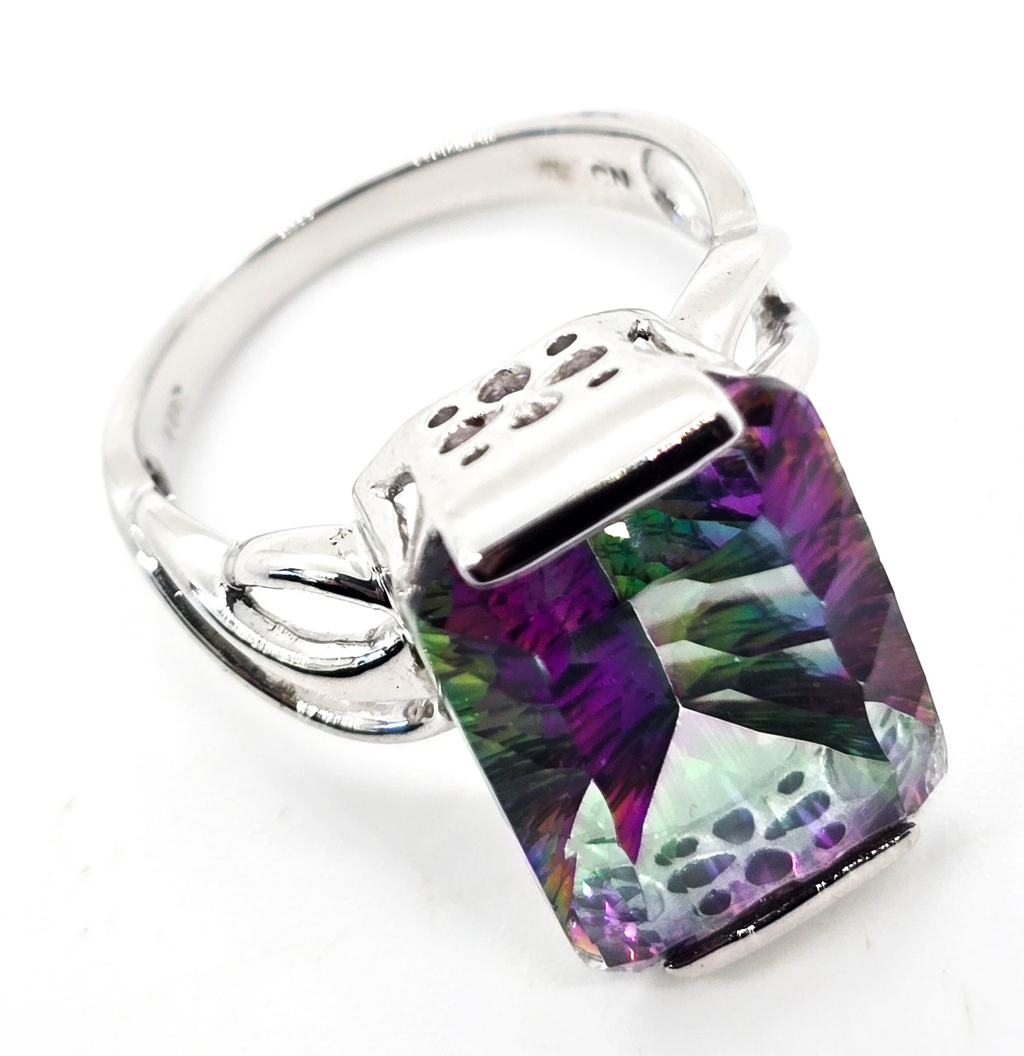 Mystic topaz Large 13ct Heart setting rhodium over sterling silver ring LUC size 10.5