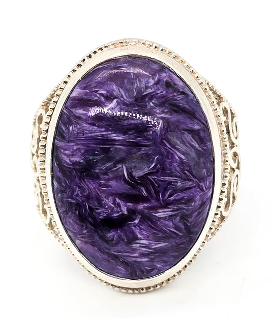 Charoite PTI large purple gemstone heart filigree sterling silver ring size 11