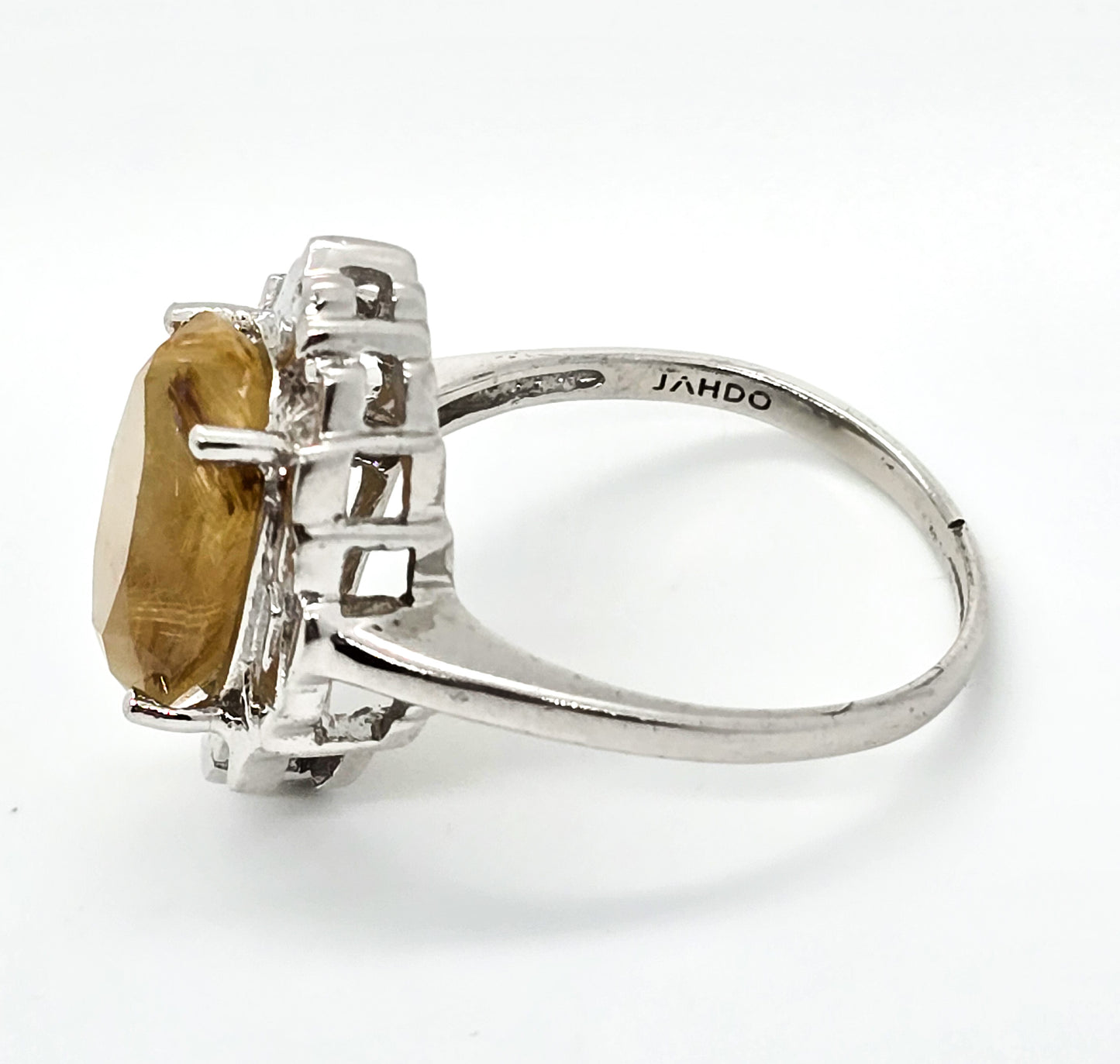 Golden rutilated quartz rhodium plated sterling silver JAHDO ring size 10