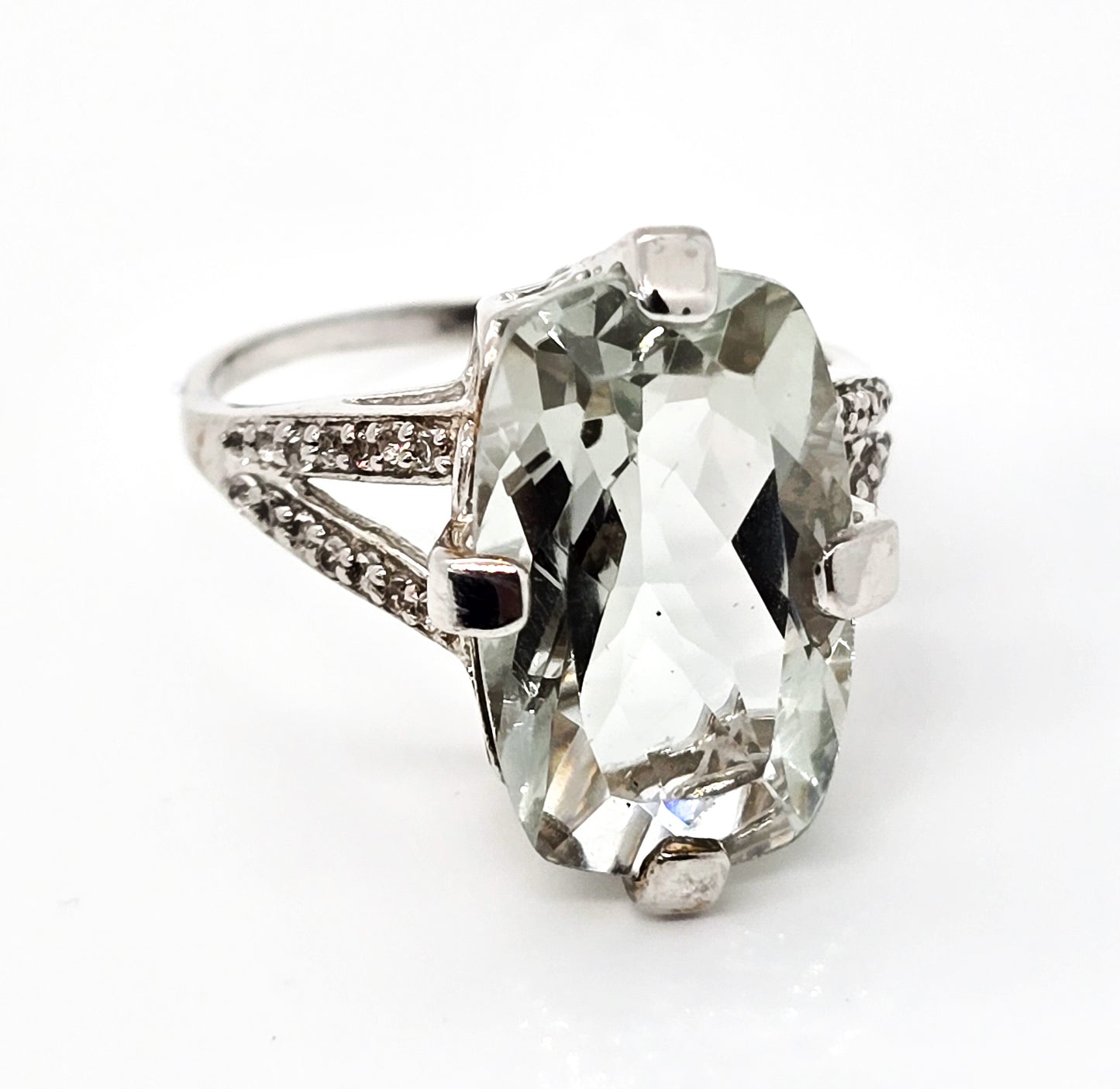 Prasiolite green amethyst VJL sterling silver rock quartz rhodium plated ring size 10