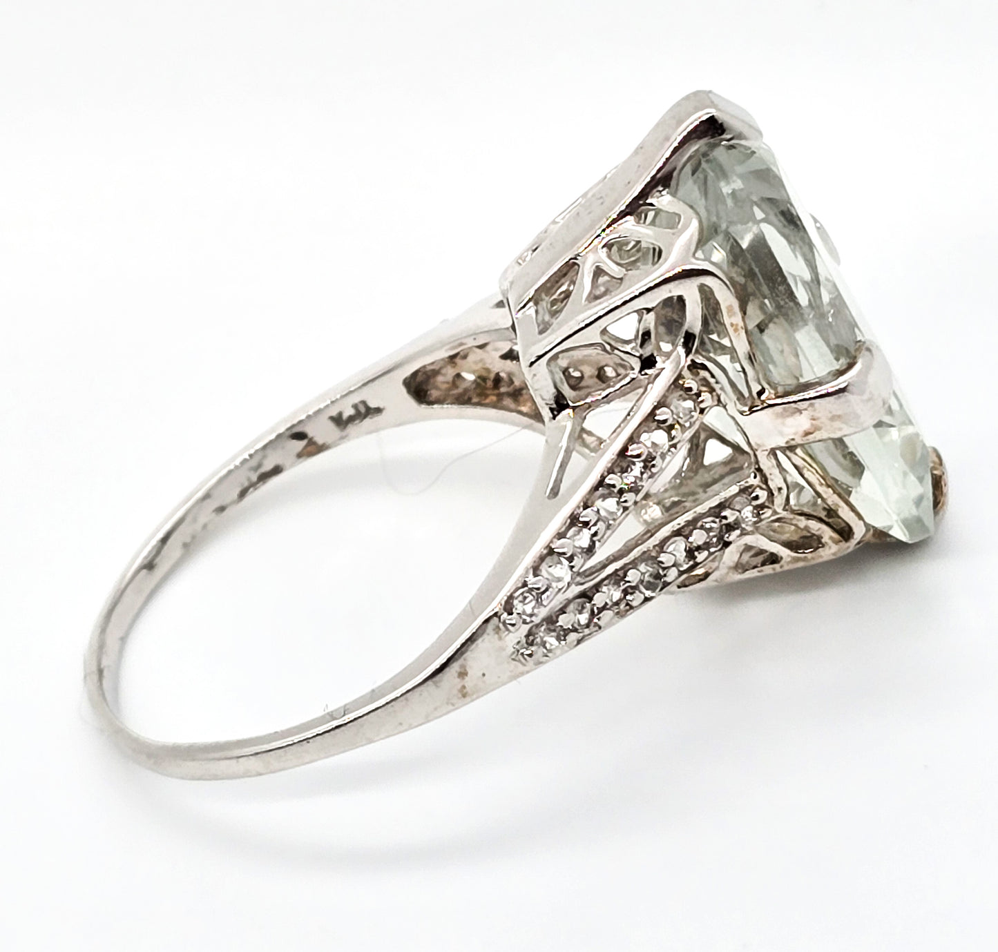 Prasiolite green amethyst VJL sterling silver rock quartz rhodium plated ring size 10