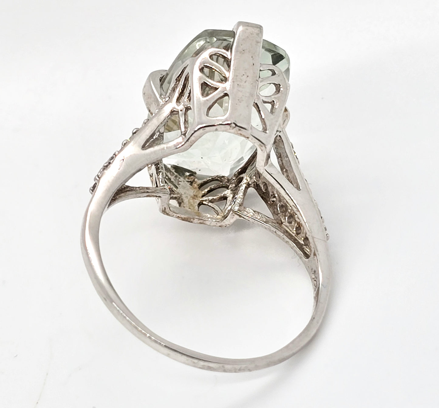 Prasiolite green amethyst VJL sterling silver rock quartz rhodium plated ring size 10