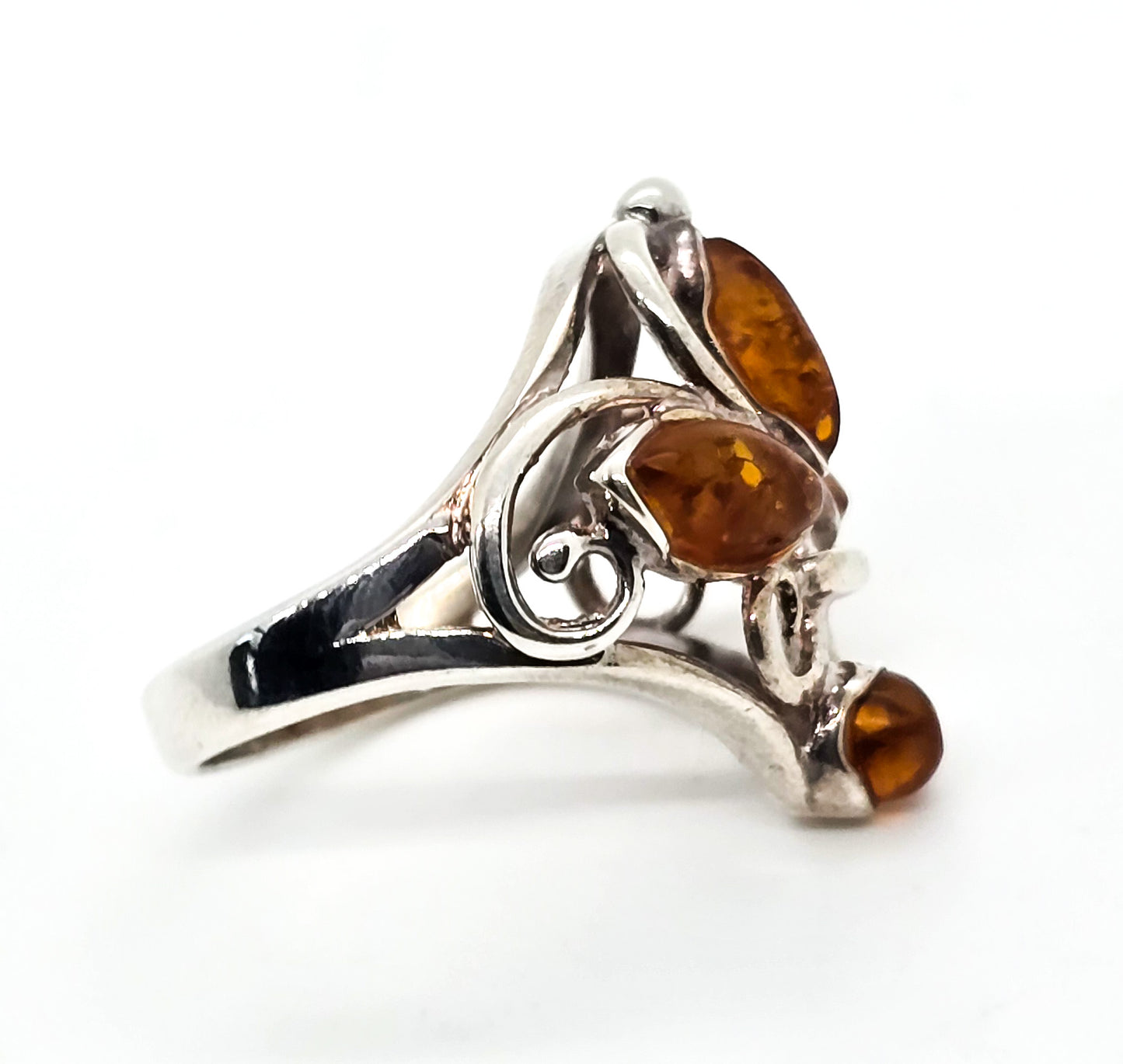 Amber large open work scroll vintage sterling silver ring AT size 6