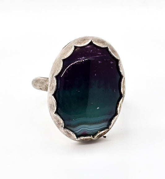 Rainbow Banded agate purple and green gemstone sterling silver ring size 6