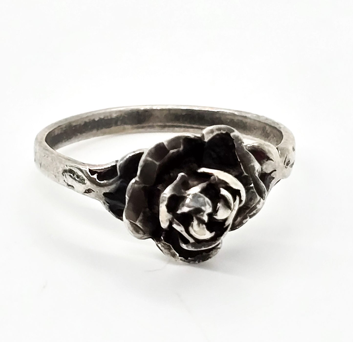 Blooming rose vintage sterling silver flower ring Signed He size 9