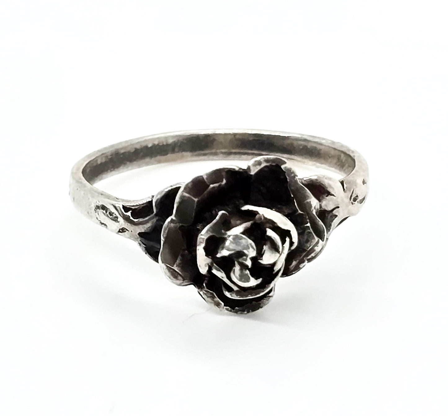 Blooming rose vintage sterling silver flower ring Signed He size 9