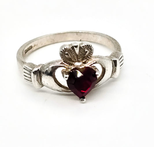 Claddagh Irish vintage sterling silver heart Red paste glass ring
