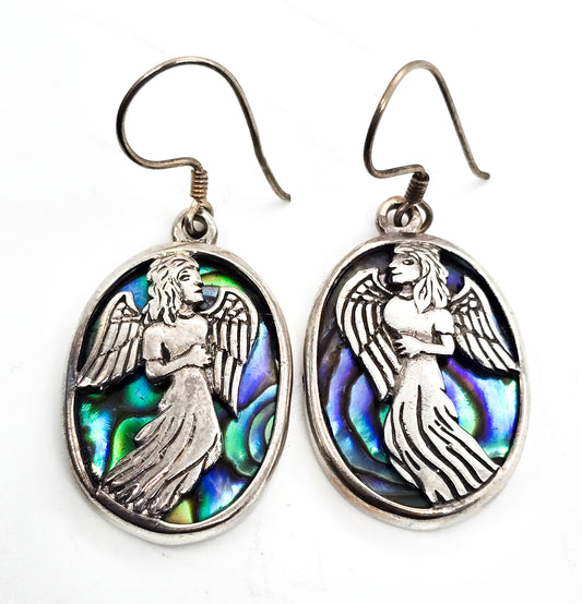 Flying Angel sterling silver abalone shell large drop earrings