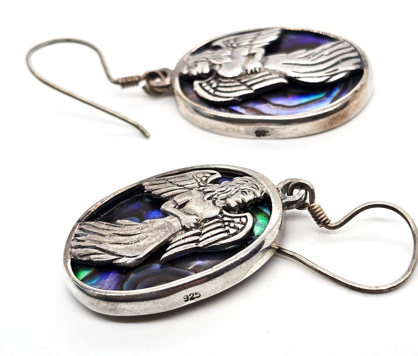 Flying Angel sterling silver abalone shell large drop earrings